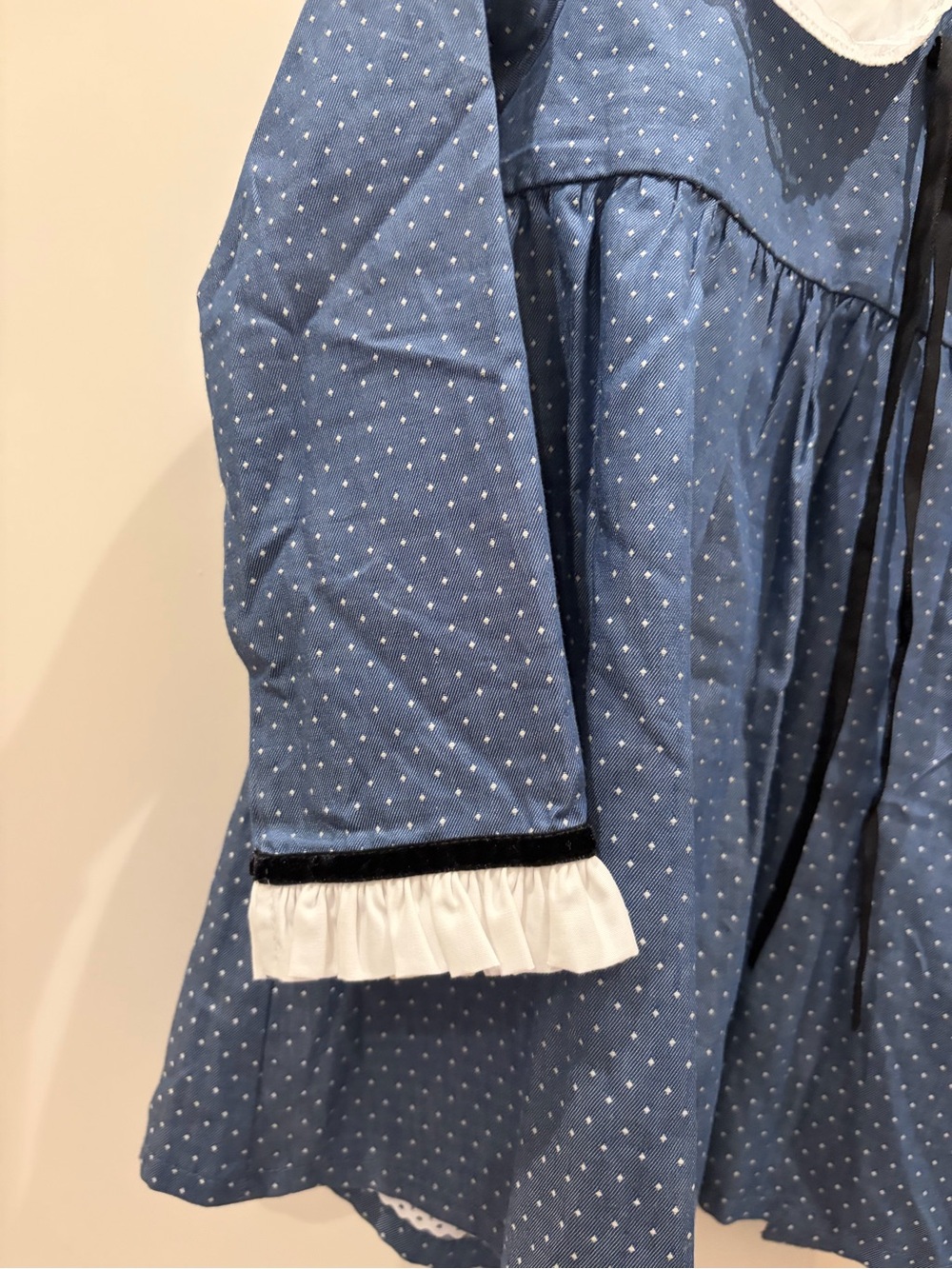 La Coqueta Blue Polka Dot Girls Costume Dress with White Peter Pan Collar - Picture 2 of 6